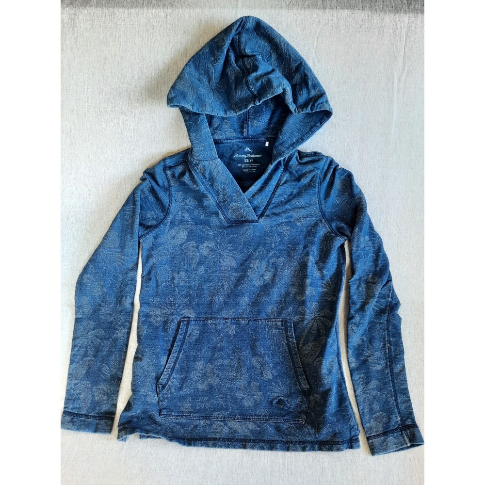 Tommy Bahama Women XS Sweater AllOver Print Floral Hooded V-Neck Navy Blue Relax